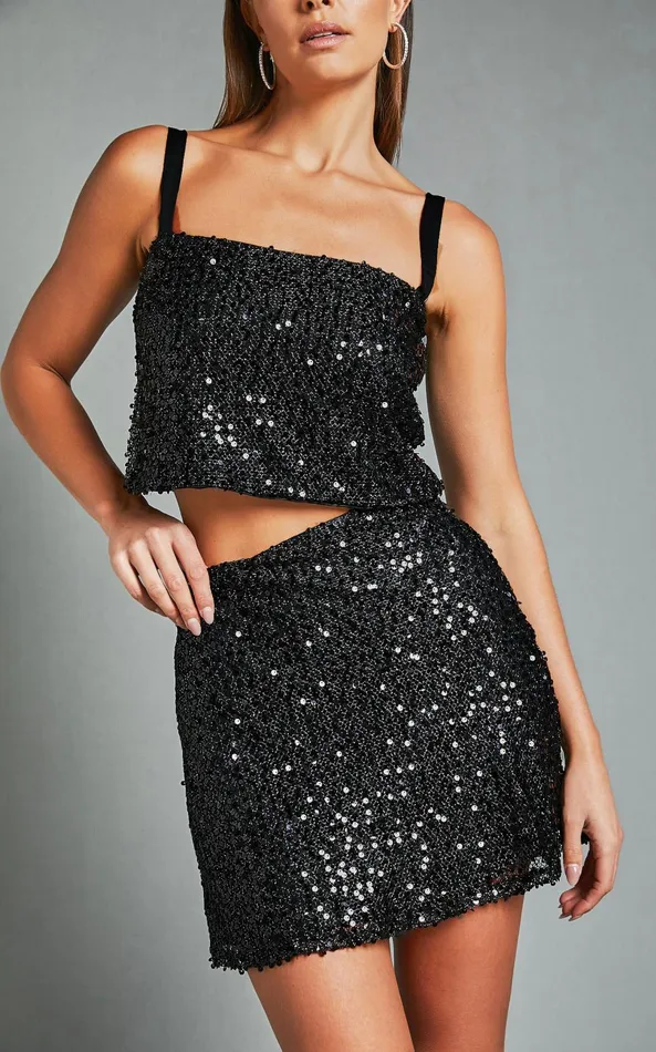 Showpo Valletta Two Piece Set 8211 Sequin Square Neck And A Line Mini Skirt In Black Women Two Piece Sets and Coords Showpo Valletta Two Piece Set 8211 Sequin Square Neck And A Line Mini Skirt In Black Women Two Piece Sets and Coords