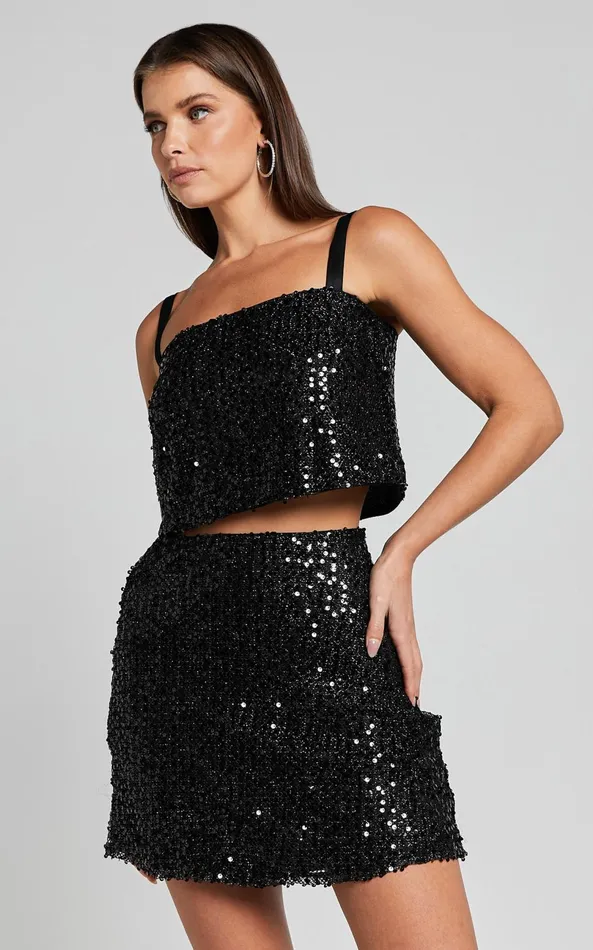 Showpo Valletta Two Piece Set 8211 Sequin Square Neck And A Line Mini Skirt In Black Women Two Piece Sets and Coords