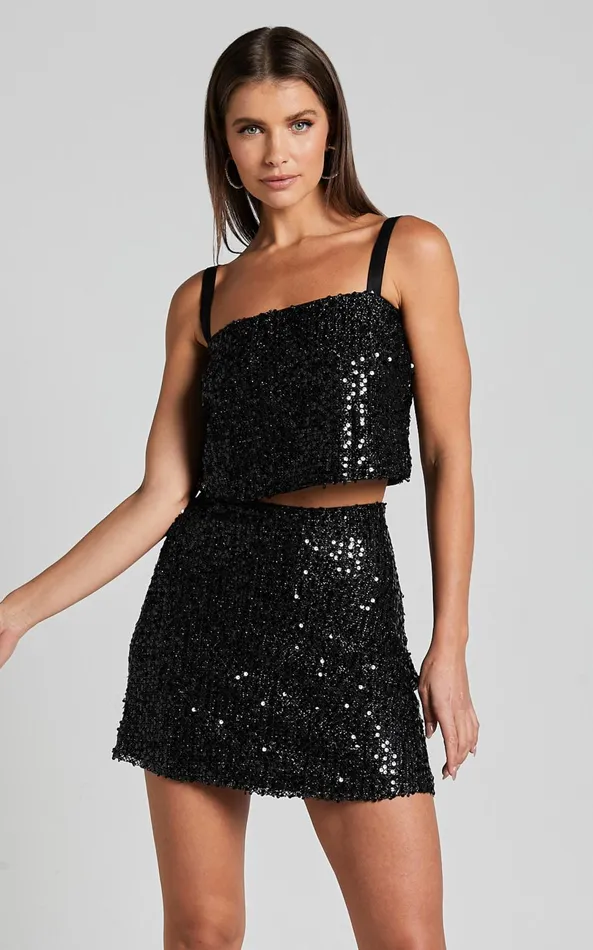 Showpo Valletta Two Piece Set 8211 Sequin Square Neck And A Line Mini Skirt In Black Women Two Piece Sets and Coords