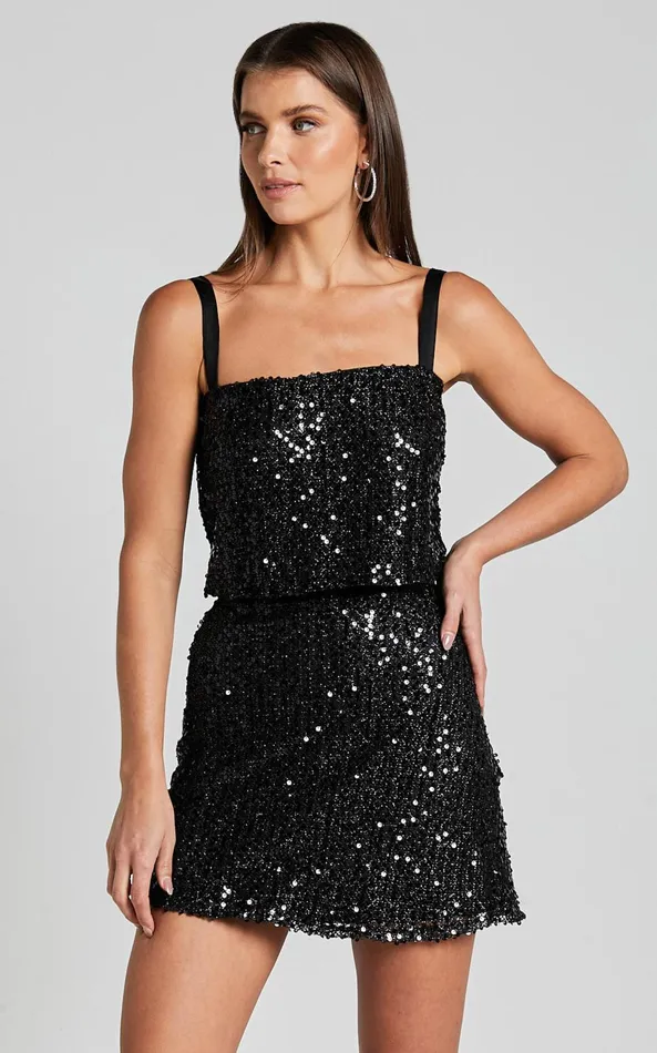 Showpo Valletta Two Piece Set 8211 Sequin Square Neck And A Line Mini Skirt In Black Women Two Piece Sets and Coords