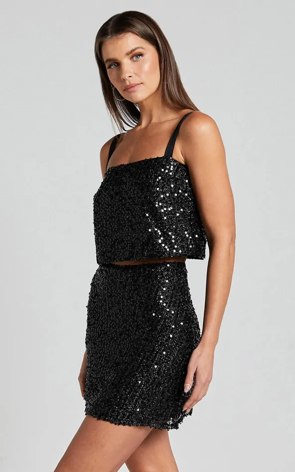 Showpo Valletta Two Piece Set 8211 Sequin Square Neck And A Line Mini Skirt In Black Women Two Piece Sets and Coords