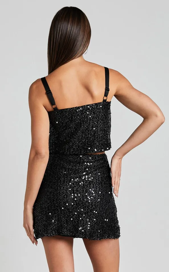 Showpo Valletta Two Piece Set 8211 Sequin Square Neck And A Line Mini Skirt In Black Women Two Piece Sets and Coords