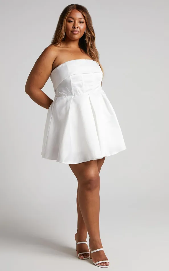 Showpo Valora Mini Dress 8211 Strapless Fit And Flare Satin Dress In Ivory Women Dresses