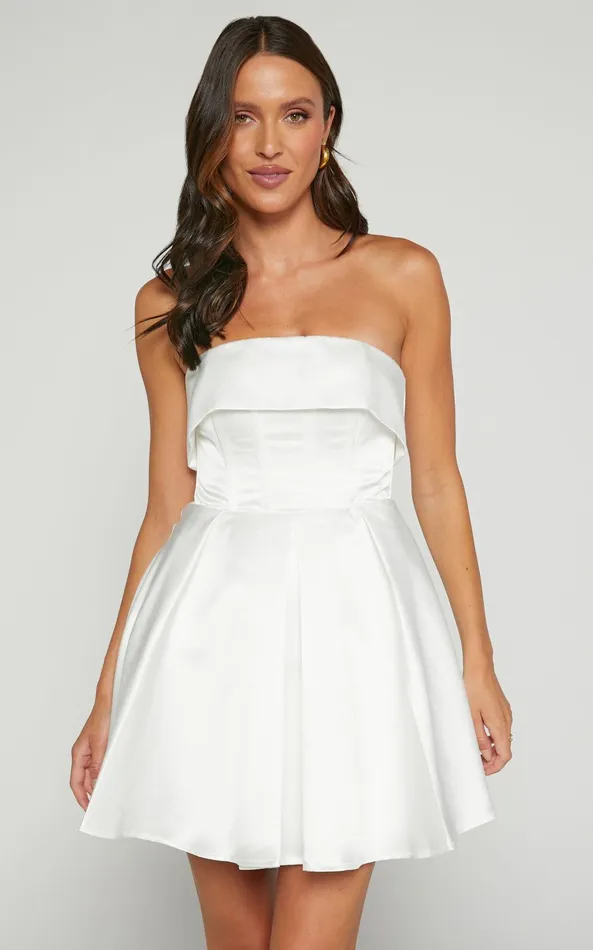 Showpo Valora Mini Dress 8211 Strapless Fit And Flare Satin Dress In Ivory Women Dresses