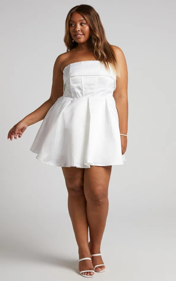 Showpo Valora Mini Dress 8211 Strapless Fit And Flare Satin Dress In Ivory Women Dresses