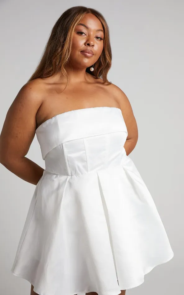 Showpo Valora Mini Dress 8211 Strapless Fit And Flare Satin Dress In Ivory Women Dresses