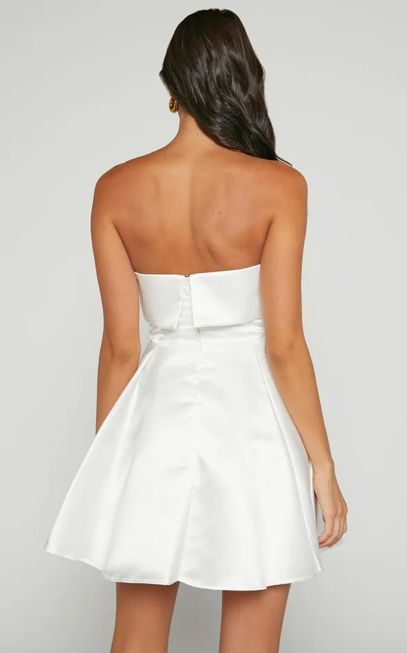 Showpo Valora Mini Dress 8211 Strapless Fit And Flare Satin Dress In Ivory Women Dresses