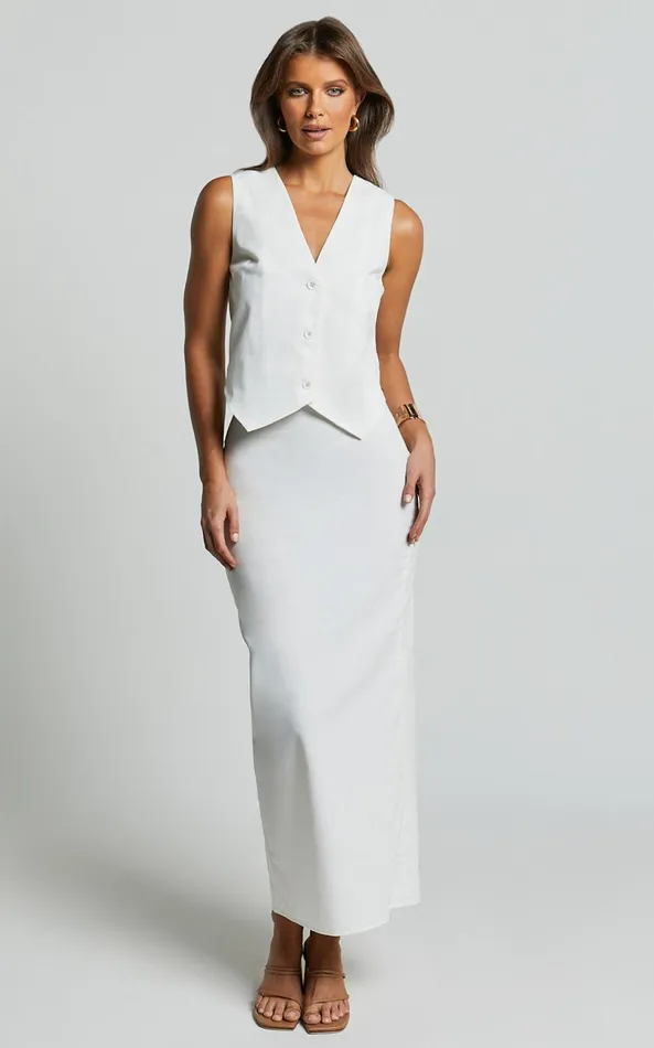 Showpo Vance Maxi Skirt 8211 Linen Look Back Split Skirt In Off White Women Skirts