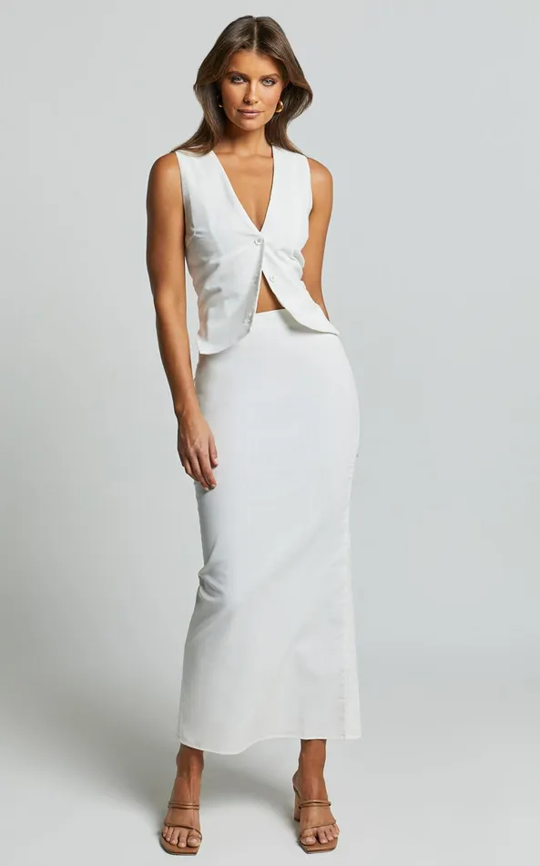 Showpo Vance Maxi Skirt 8211 Linen Look Back Split Skirt In Off White Women Skirts