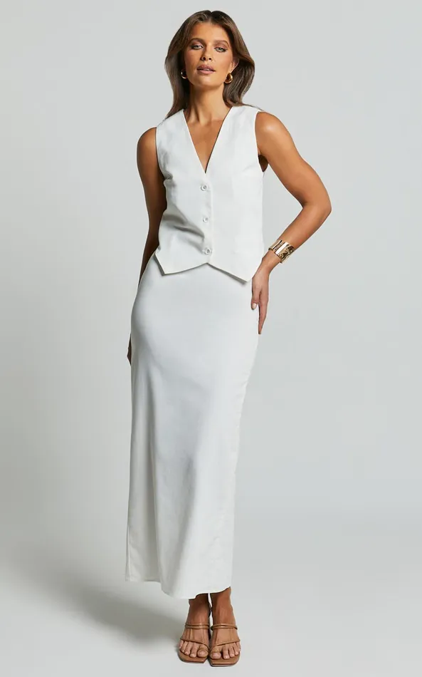 Showpo Vance Maxi Skirt 8211 Linen Look Back Split Skirt In Off White Women Skirts