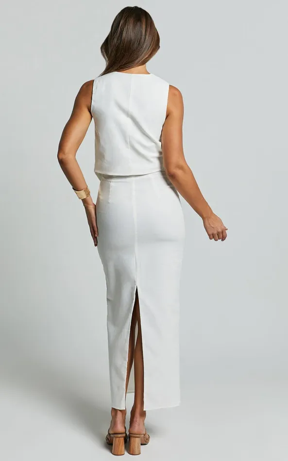 Showpo Vance Maxi Skirt 8211 Linen Look Back Split Skirt In Off White Women Skirts