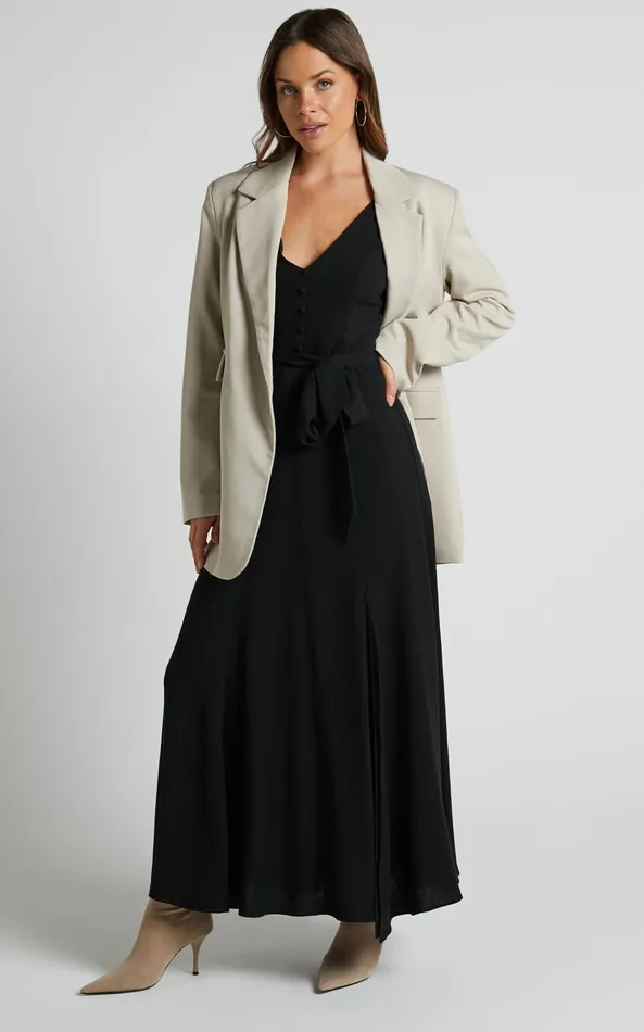Showpo Vance Midi Dress 8211 Linen Look Open Back Dress In Black Women Dresses