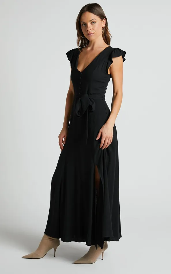 Showpo Vance Midi Dress 8211 Linen Look Open Back Dress In Black Women Dresses