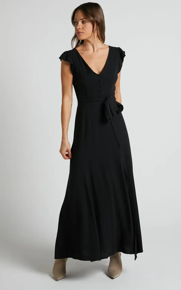 Showpo Vance Midi Dress 8211 Linen Look Open Back Dress In Black Women Dresses