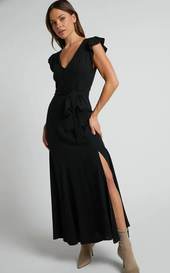 Showpo Vance Midi Dress 8211 Linen Look Open Back Dress In Black Women Dresses