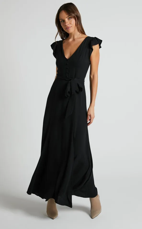 Showpo Vance Midi Dress 8211 Linen Look Open Back Dress In Black Women Dresses
