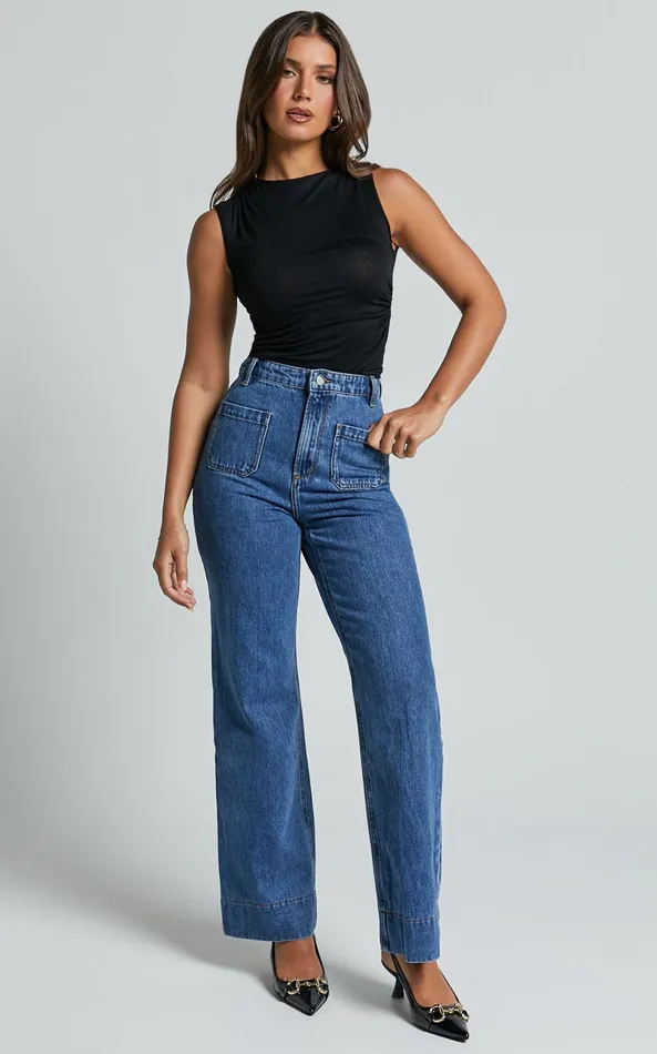 Showpo Vancouver Jeans 8211 High Waist Straight Leg Patch Pocket Denim Jeans In Mid Blue Wash Women Denim