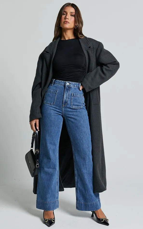 Showpo Vancouver Jeans 8211 High Waist Straight Leg Patch Pocket Denim Jeans In Mid Blue Wash Women Denim