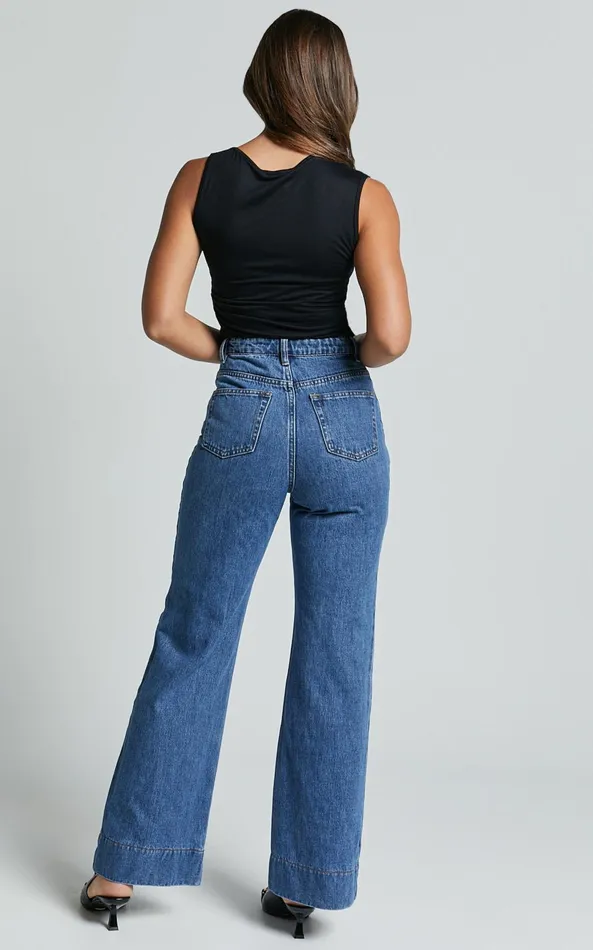 Showpo Vancouver Jeans 8211 High Waist Straight Leg Patch Pocket Denim Jeans In Mid Blue Wash Women Denim