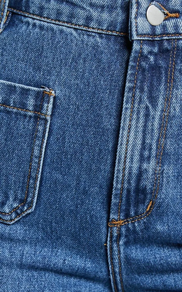 Showpo Vancouver Jeans 8211 High Waist Straight Leg Patch Pocket Denim Jeans In Mid Blue Wash Women Denim