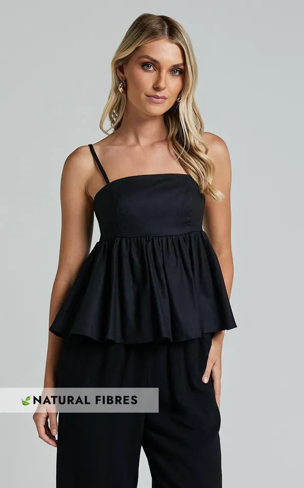 Showpo Vanessa Top 8211 Linen Look Strappy Babydoll Top In Black Women Tops