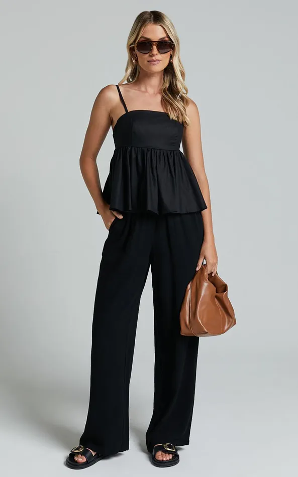 Showpo Vanessa Top 8211 Linen Look Strappy Babydoll Top In Black Women Tops