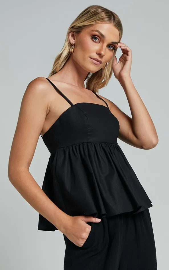 Showpo Vanessa Top 8211 Linen Look Strappy Babydoll Top In Black Women Tops
