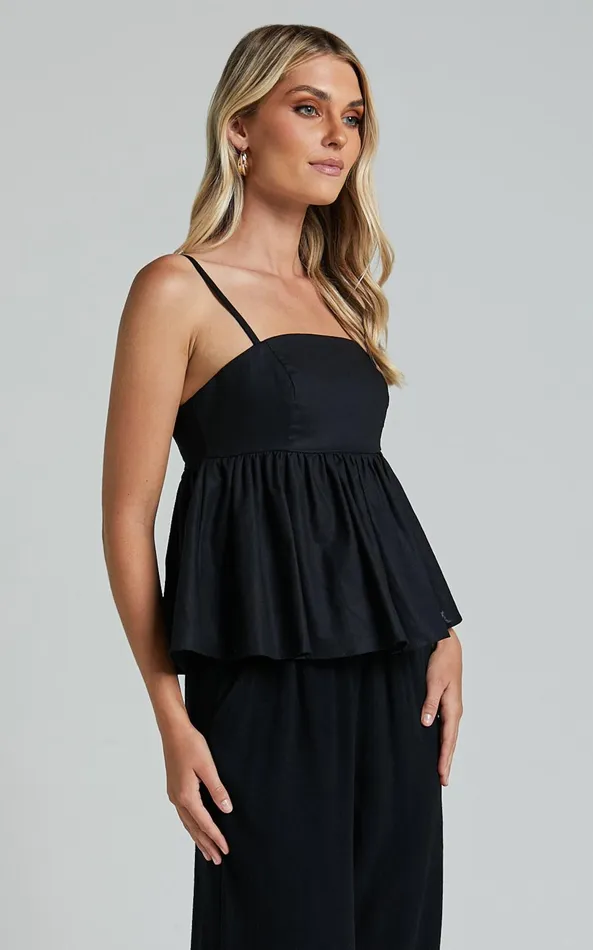 Showpo Vanessa Top 8211 Linen Look Strappy Babydoll Top In Black Women Tops