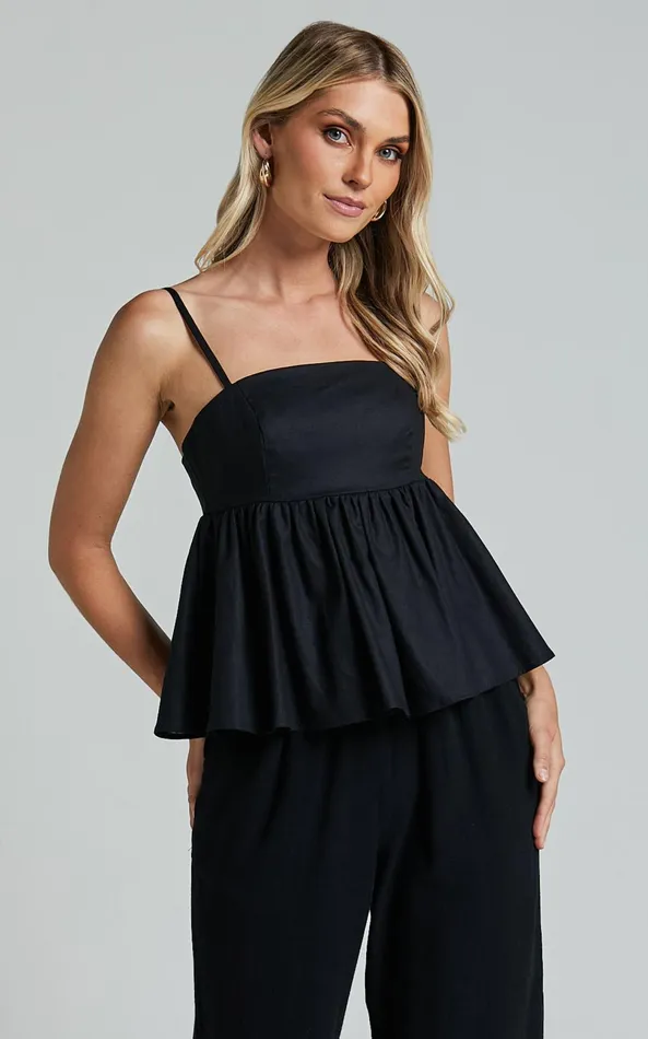 Showpo Vanessa Top 8211 Linen Look Strappy Babydoll Top In Black Women Tops