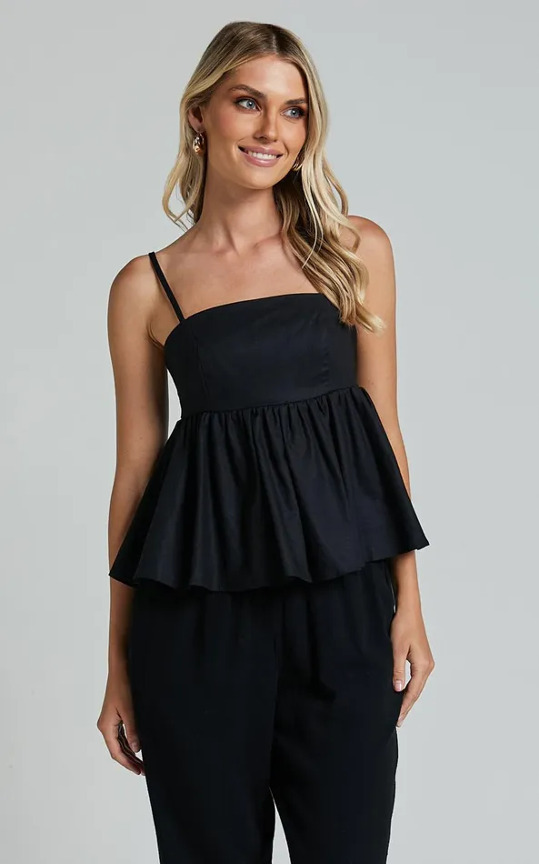 Showpo Vanessa Top 8211 Linen Look Strappy Babydoll Top In Black Women Tops