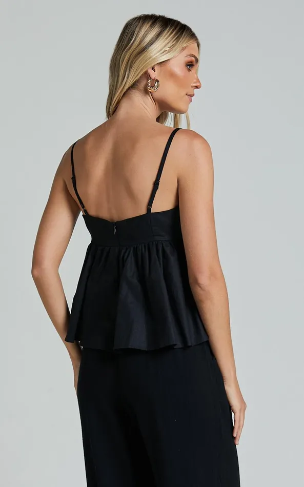 Showpo Vanessa Top 8211 Linen Look Strappy Babydoll Top In Black Women Tops