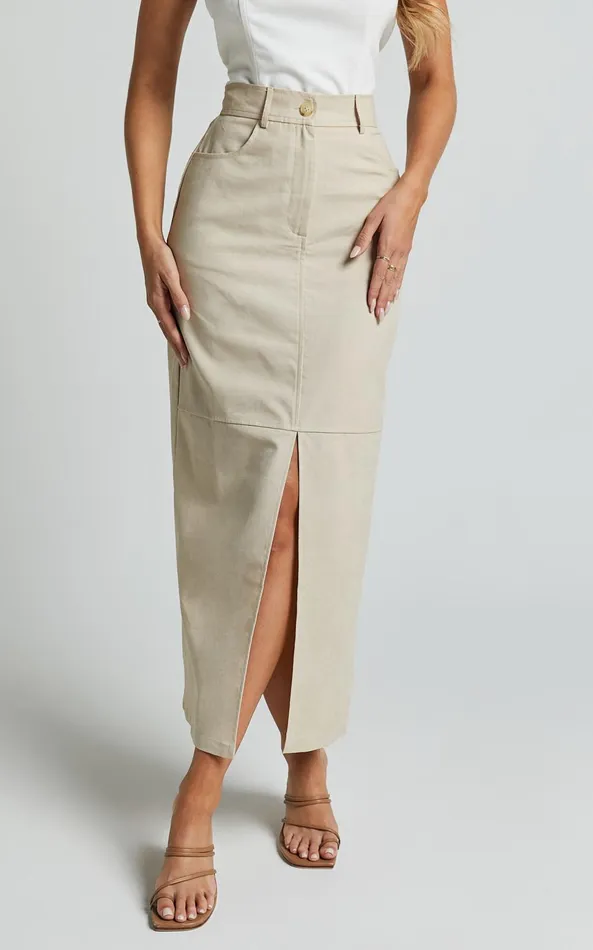 Showpo Vanna Midi Skirt 8211 High Waisted Front Slit Skirt In Stone Women Skirts