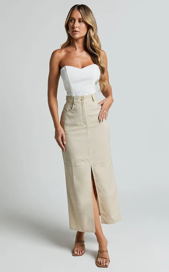 Showpo Vanna Midi Skirt 8211 High Waisted Front Slit Skirt In Stone Women Skirts