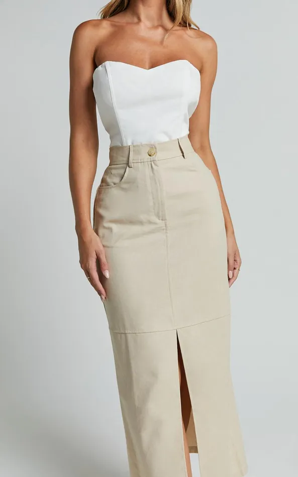 Showpo Vanna Midi Skirt 8211 High Waisted Front Slit Skirt In Stone Women Skirts