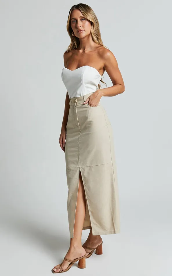 Showpo Vanna Midi Skirt 8211 High Waisted Front Slit Skirt In Stone Women Skirts
