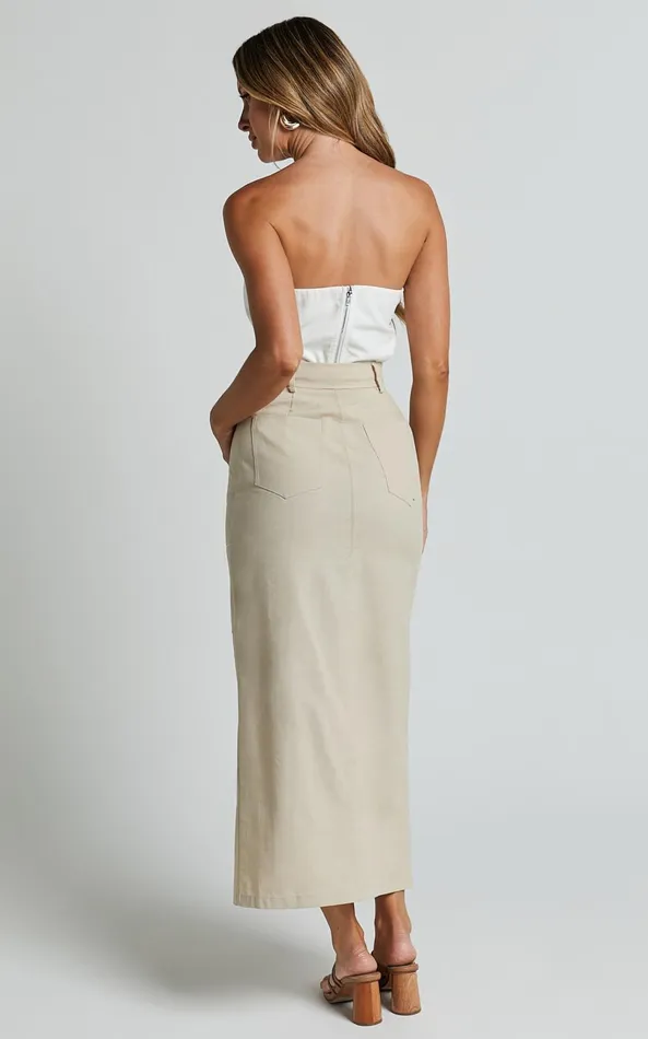 Showpo Vanna Midi Skirt 8211 High Waisted Front Slit Skirt In Stone Women Skirts
