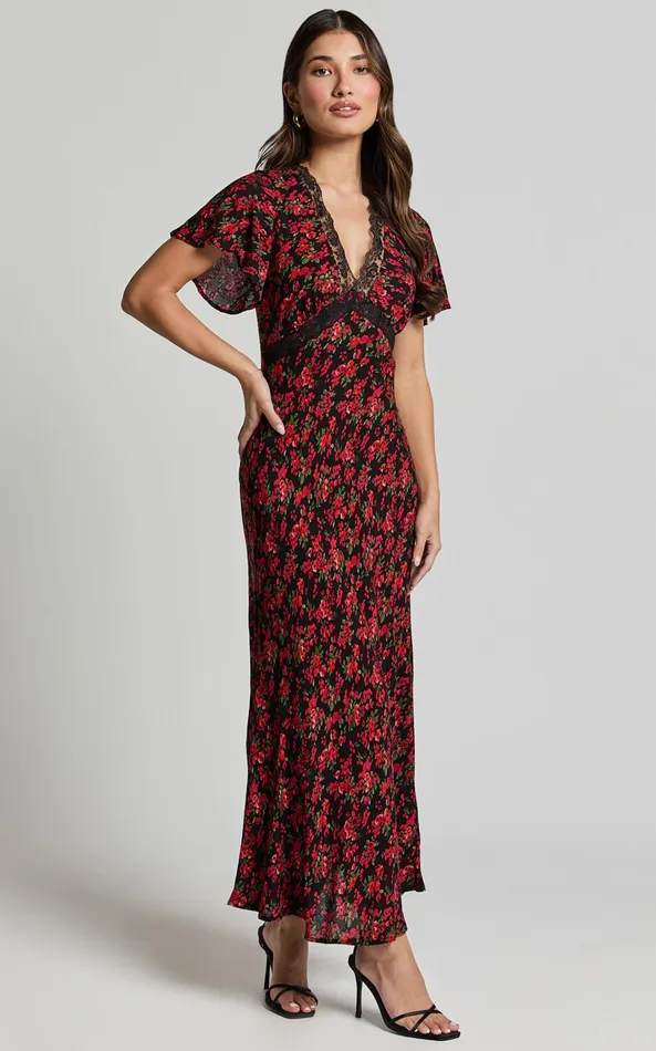 Showpo Vanya Midi Dress 8211 V Neck Short Sleeve Lace Trim Tie Back Slip Dress In Black Floral Women Dresses Showpo Vanya Midi Dress 8211 V Neck Short Sleeve Lace Trim Tie Back Slip Dress In Black Floral Women Dresses