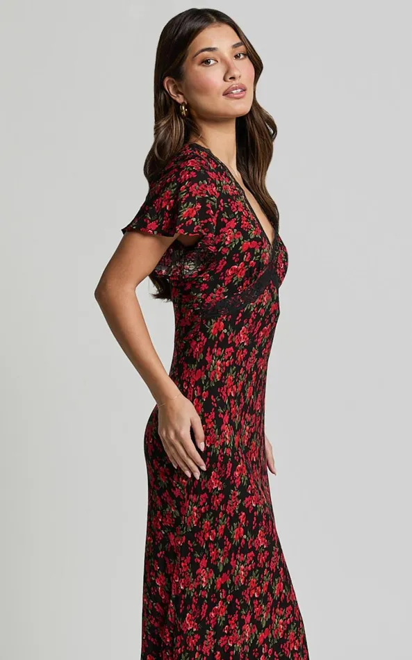 Showpo Vanya Midi Dress 8211 V Neck Short Sleeve Lace Trim Tie Back Slip Dress In Black Floral Women Dresses