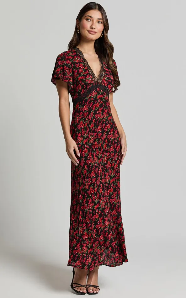 Showpo Vanya Midi Dress 8211 V Neck Short Sleeve Lace Trim Tie Back Slip Dress In Black Floral Women Dresses