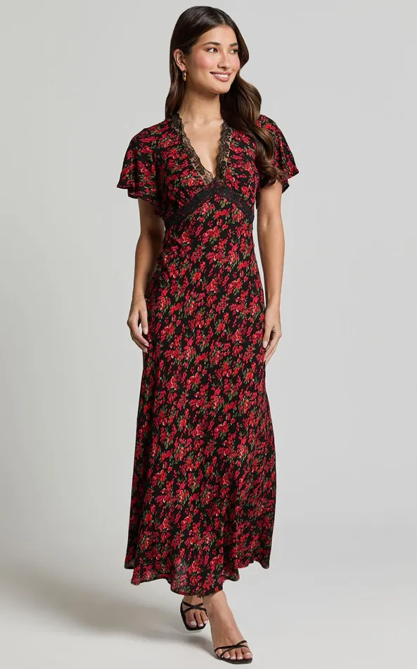Showpo Vanya Midi Dress 8211 V Neck Short Sleeve Lace Trim Tie Back Slip Dress In Black Floral Women Dresses