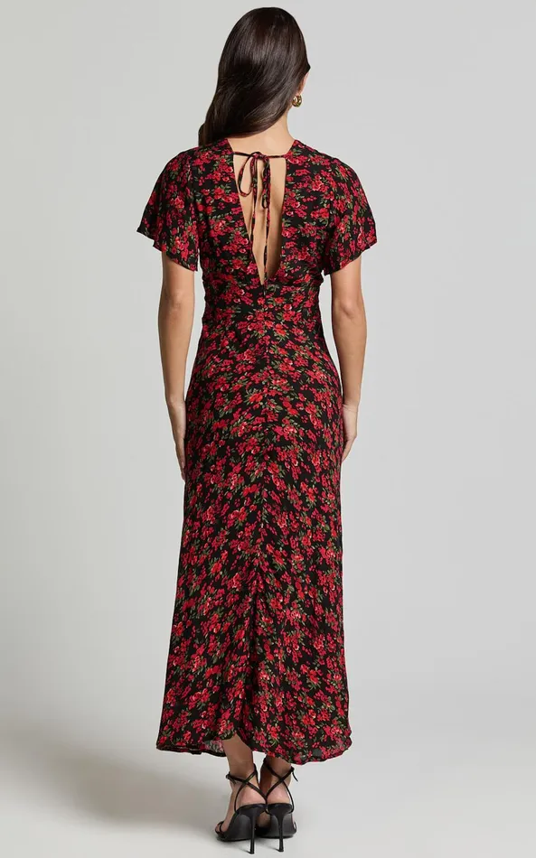 Showpo Vanya Midi Dress 8211 V Neck Short Sleeve Lace Trim Tie Back Slip Dress In Black Floral Women Dresses