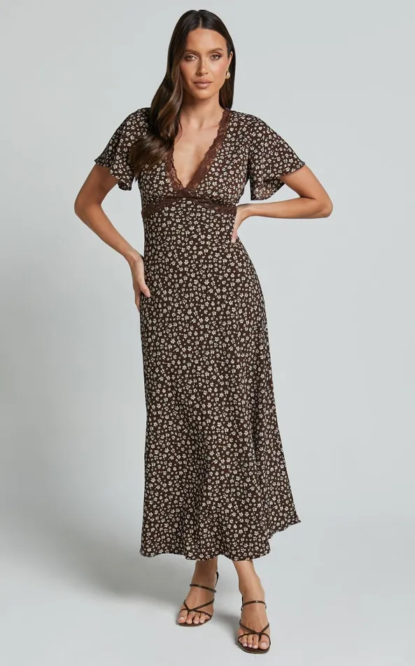 Showpo Vanya Midi Dress 8211 V Neck Short Sleeve Lace Trim Tie Back Slip Dress In Chocolate Floral Women Dresses Showpo Vanya Midi Dress 8211 V Neck Short Sleeve Lace Trim Tie Back Slip Dress In Chocolate Floral Women Dresses