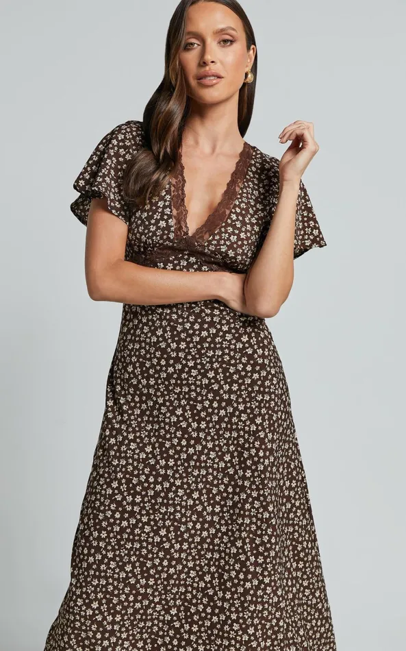 Showpo Vanya Midi Dress 8211 V Neck Short Sleeve Lace Trim Tie Back Slip Dress In Chocolate Floral Women Dresses