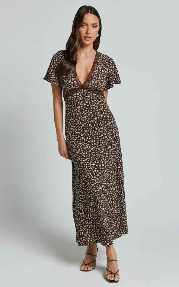 Showpo Vanya Midi Dress 8211 V Neck Short Sleeve Lace Trim Tie Back Slip Dress In Chocolate Floral Women Dresses