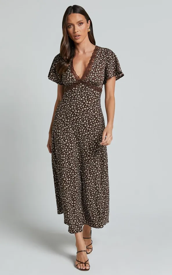 Showpo Vanya Midi Dress 8211 V Neck Short Sleeve Lace Trim Tie Back Slip Dress In Chocolate Floral Women Dresses