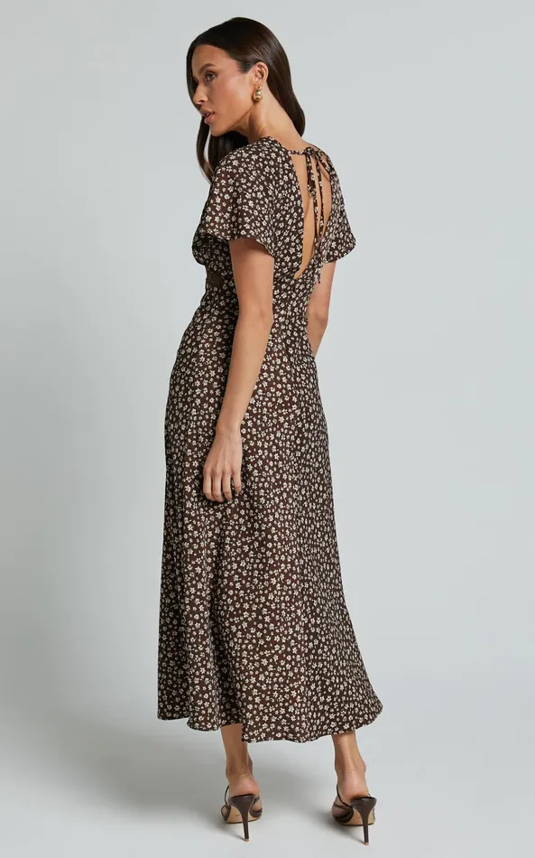 Showpo Vanya Midi Dress 8211 V Neck Short Sleeve Lace Trim Tie Back Slip Dress In Chocolate Floral Women Dresses