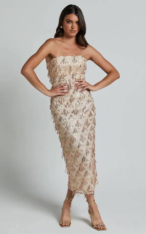 Showpo Variel Midi Dress 8211 Strapless Fringe Sequin Dress In Champagne Women Dresses