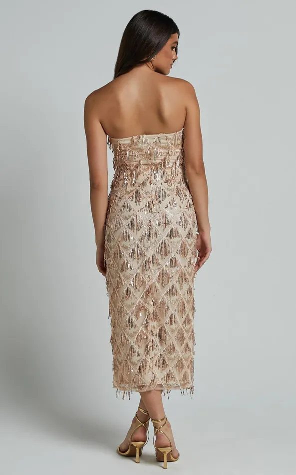 Showpo Variel Midi Dress 8211 Strapless Fringe Sequin Dress In Champagne Women Dresses