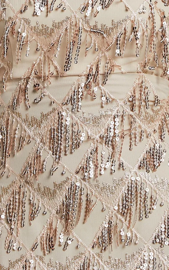 Showpo Variel Midi Dress 8211 Strapless Fringe Sequin Dress In Champagne Women Dresses