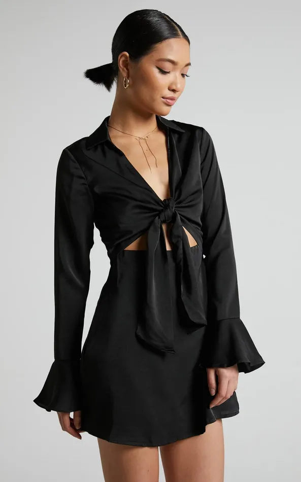Showpo Varvey Mini Dress 8211 Tie Front Long Sleeve Dress In Black Women Dresses Showpo Varvey Mini Dress 8211 Tie Front Long Sleeve Dress In Black Women Dresses